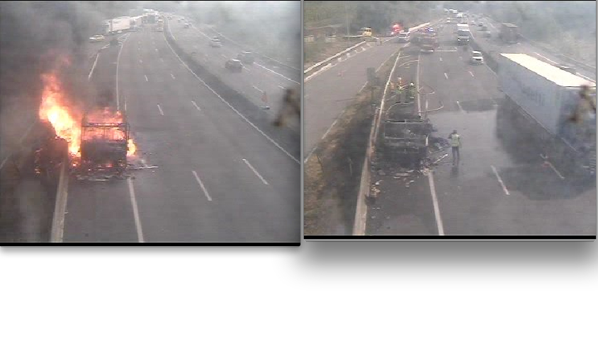 Un camping car entièrement carbonisé ce matin sur l’A7 à hauteur de Condrieu