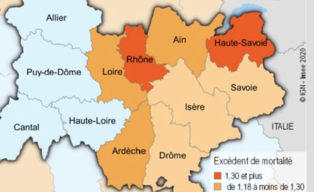 Surmortalité dans la région due au Covid-19 :  18 % de décès supplémentaires, le Rhône très touché ; l’Isère nettement moins