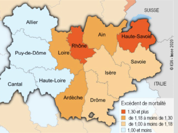 Surmortalité dans la région due au Covid-19 :  18 % de décès supplémentaires, le Rhône très touché ; l’Isère nettement moins