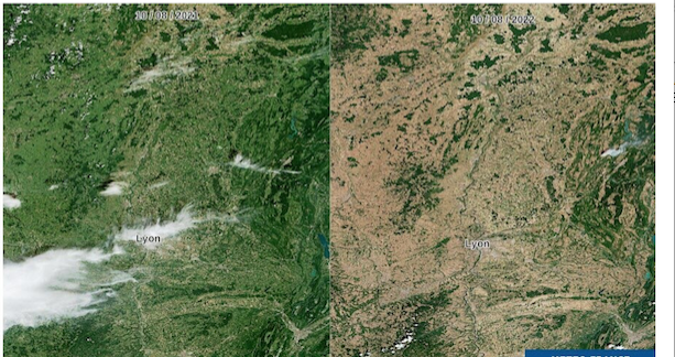 Sécheresse record : les images satellites chocs de Lyon et de la vallée du Rhône, publiées par Météo France à 1 an d’écart…