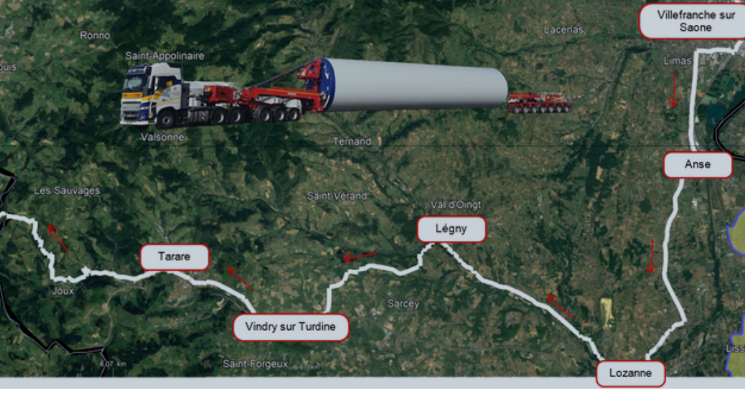 A partir de ce jeudi 17 août jusqu’au 20 septembre, un convoi d’éoliennes  va traverser les routes du département du Rhône pour se rendre dans la Loire.