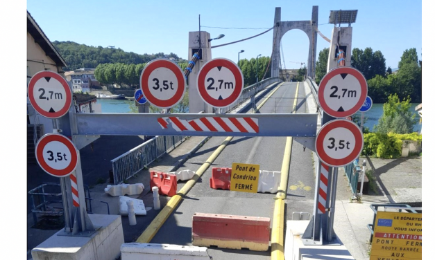 Fermé à toute circulation depuis le 6 mai, réouverture ce vendredi 16 mai du pont de Condrieu,   aux piétons et aux cyclistes,  mais toujours interdit aux voitures pour « une durée indéterminée »