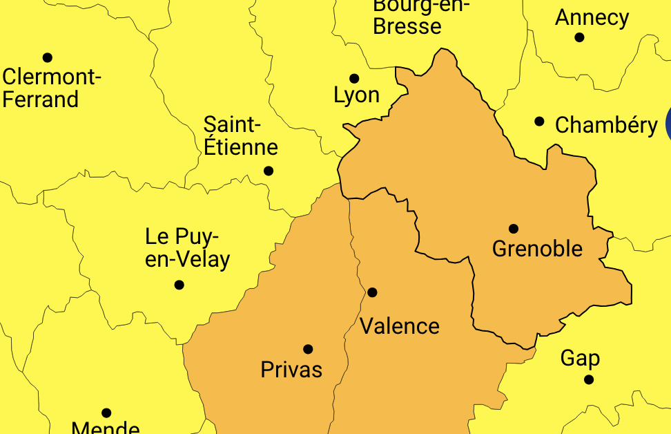 Météo France place l‘Isère en vigilance orange aux orages/pluie inondation à partir de 15 h. Risques de grêle