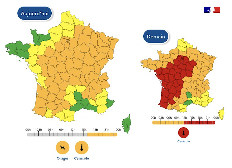 Météo France place demain dimanche 21 juin, 35 départements en vigilance rouge canicule : l’Isère et Auvergne-Rhône-Alpes pour l’heure épargnés
