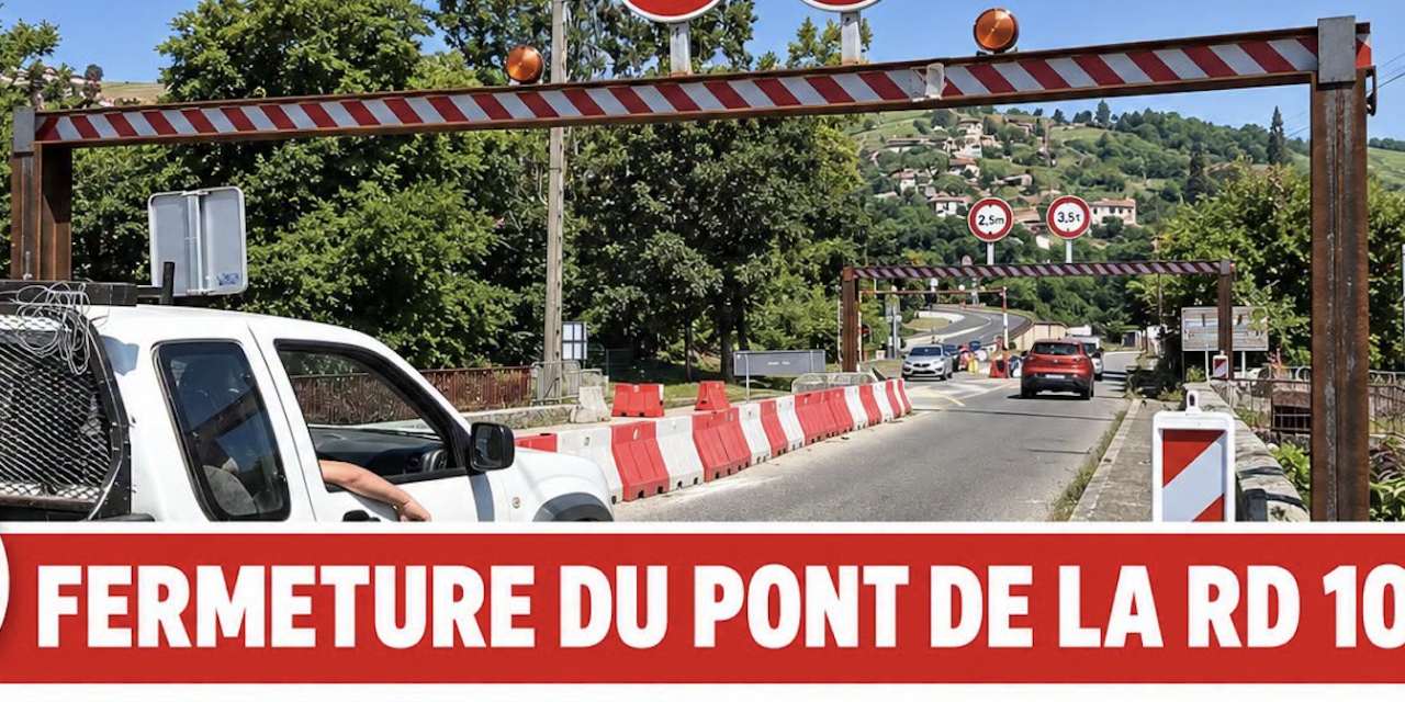La RD 1086 coupée cet après-midi à Chavanay, un camion nacelle s’est encastré dans le portique d’un pont fragilisé par les inondations de 2024